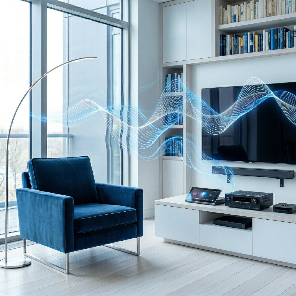 Minimalist interior with invisible audio system